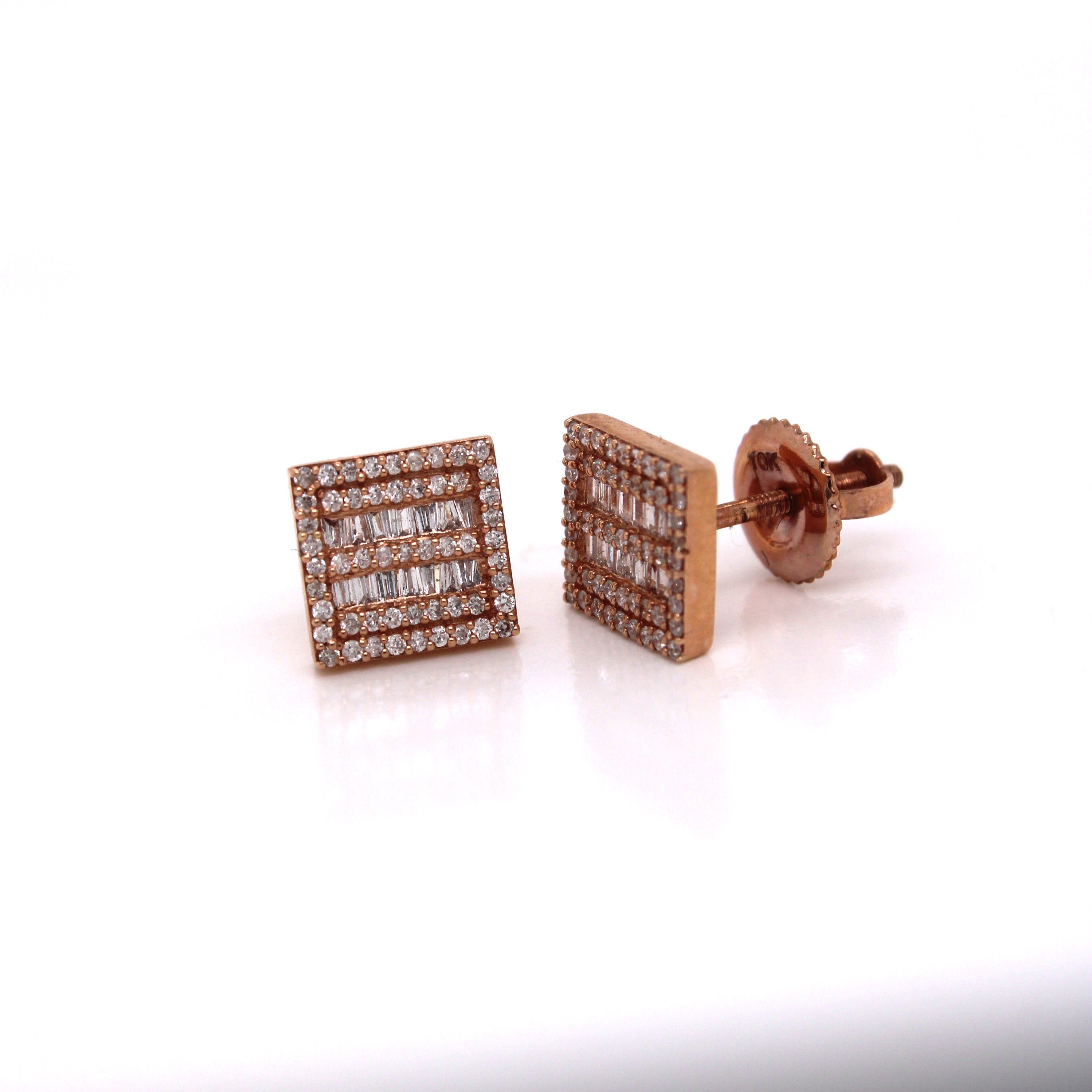 10K Rose Gold Square Shape Baguette Diamond Earrings 0.40CT 7.40MM