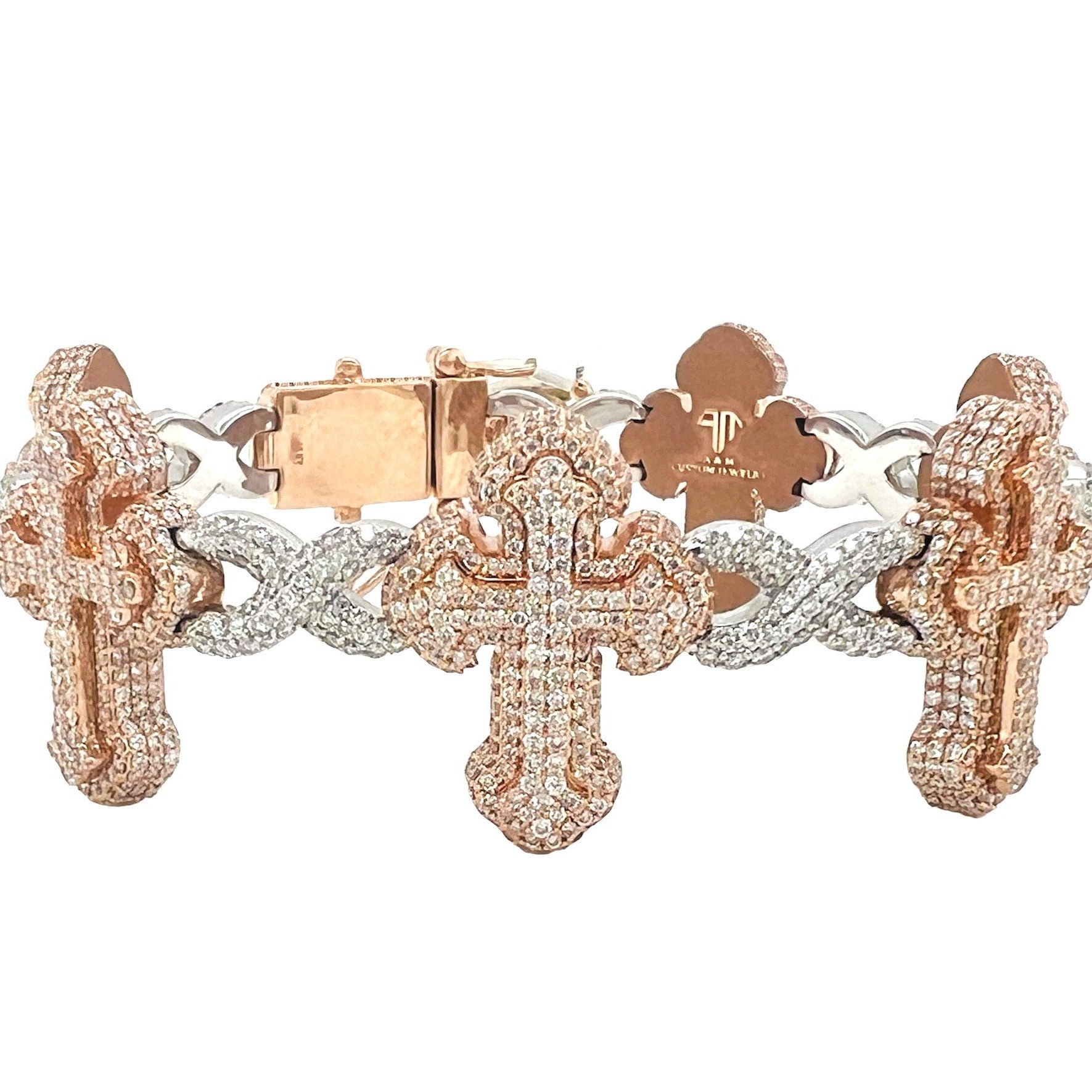 10K Rose White Gold 26MM Infinity Cross Diamond Bracelet 12.42 CT 8.5"