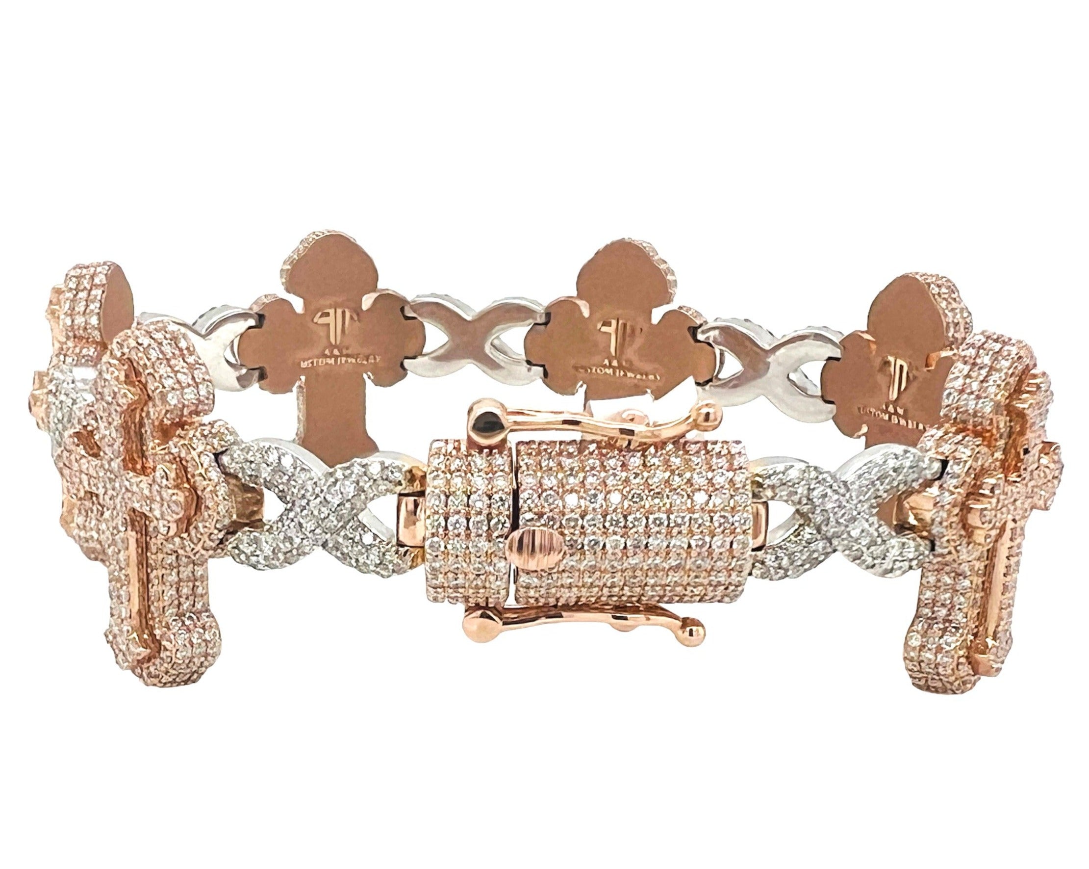 10K Rose White Gold 26MM Infinity Cross Diamond Bracelet 12.42 CT 8.5"