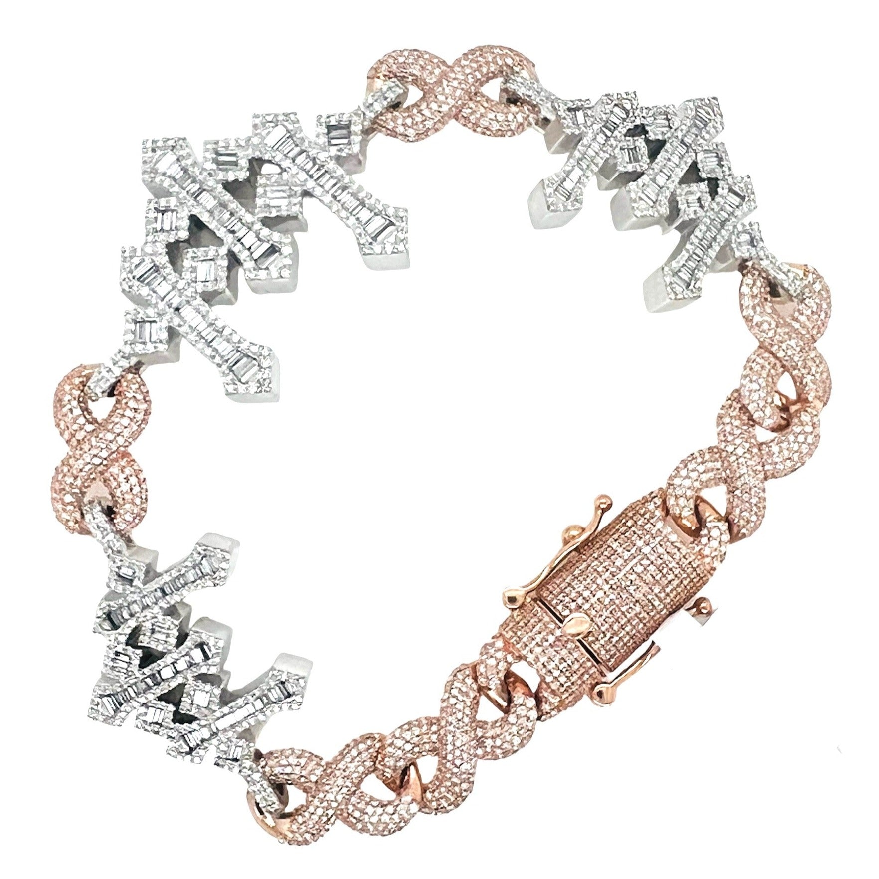 10K Rose White Gold 26.5MM Infinity Cross Baguette Diamond Bracelet 6.77 CT 8.25"
