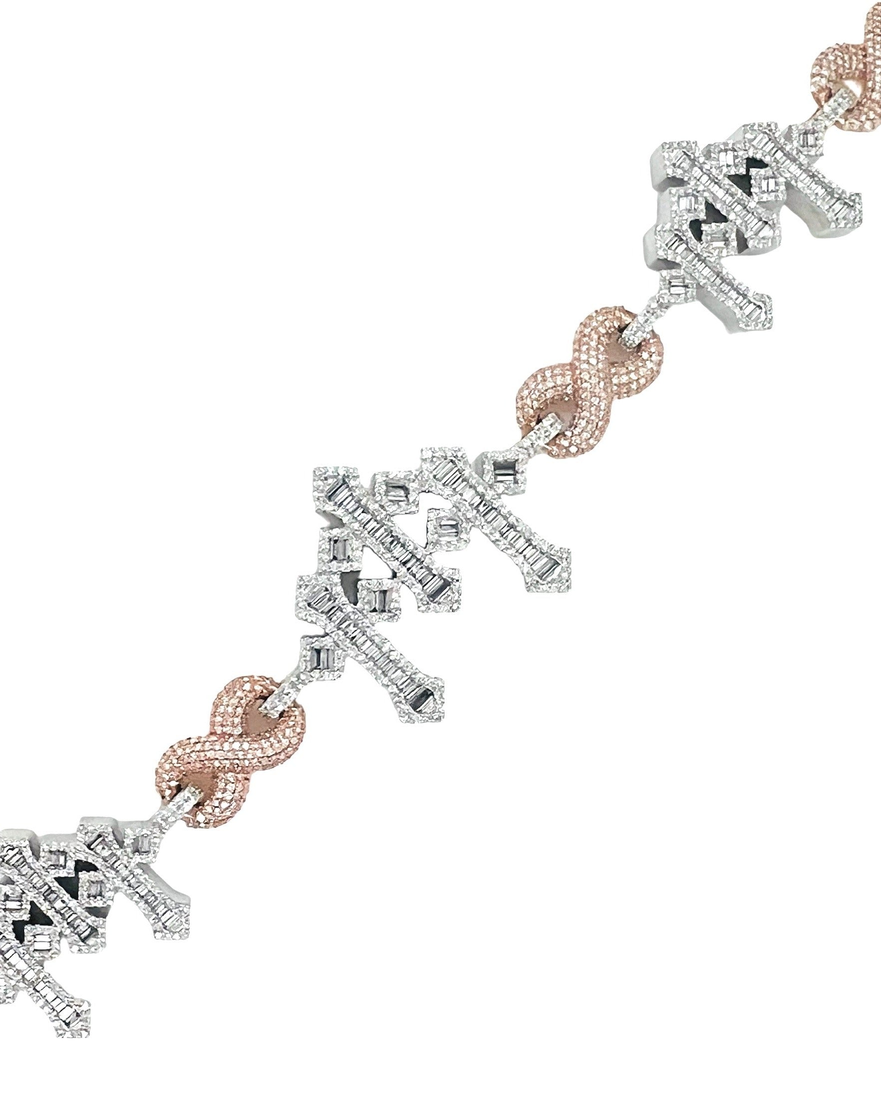 10K Rose White Gold 26.5MM Infinity Cross Baguette Diamond Bracelet 6.77 CT 8.25"