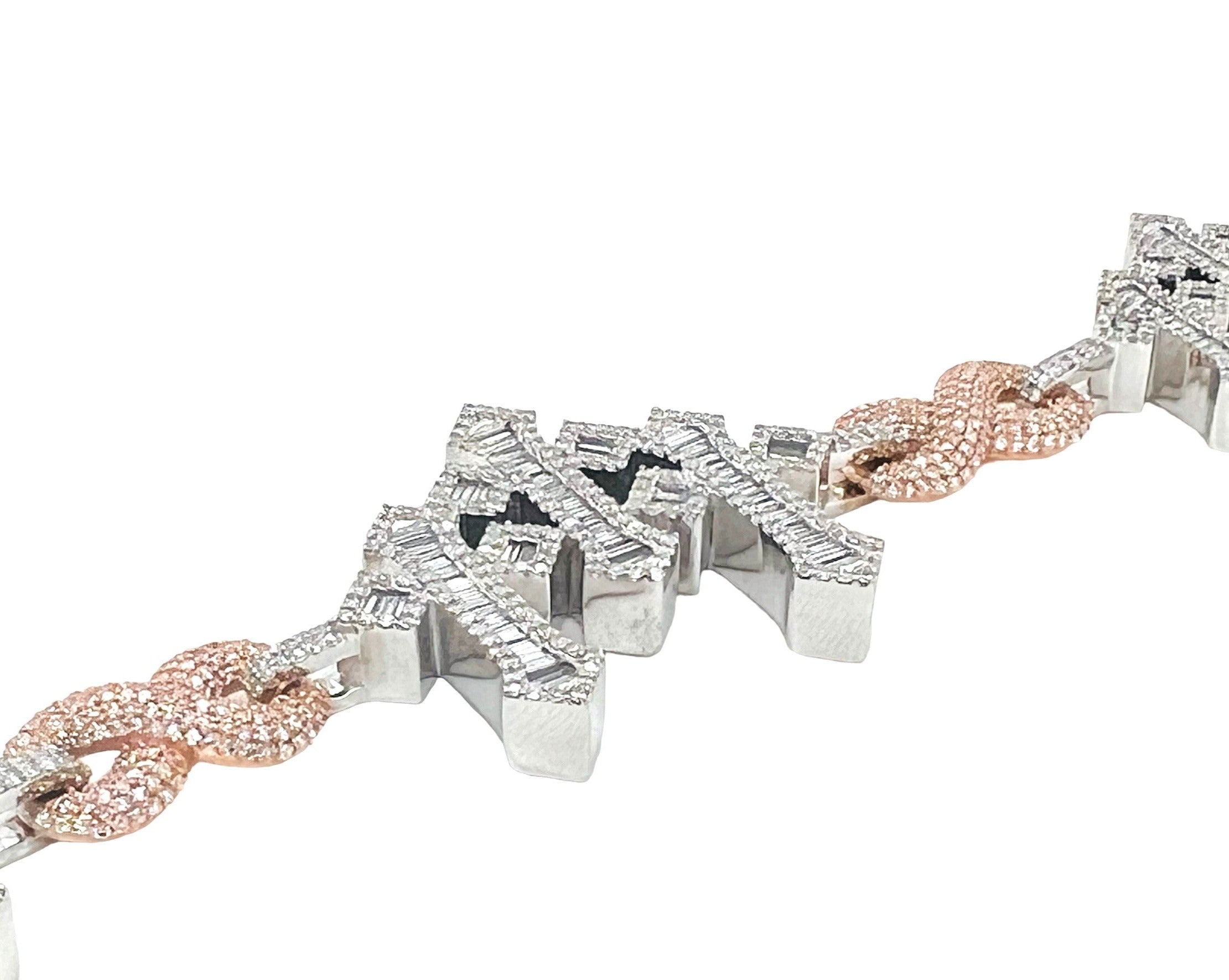 10K Rose White Gold 26.5MM Infinity Cross Baguette Diamond Bracelet 6.77 CT 8.25"