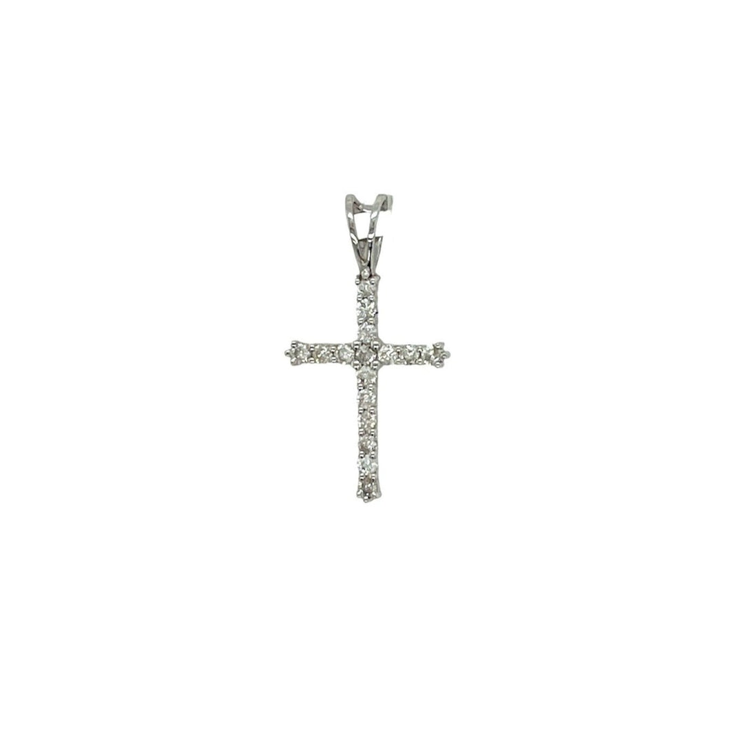 10K White Gold Tennis Diamond Cross Pendant 0.30 CT 24MM