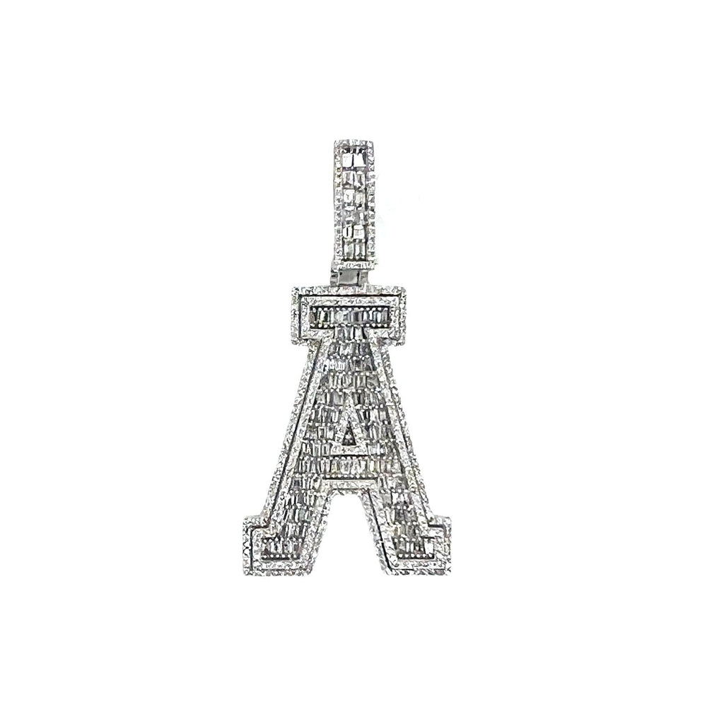 10K White Gold 3D Letter A Initial Baguette Diamond Pendant 1.49 CT 1.75"