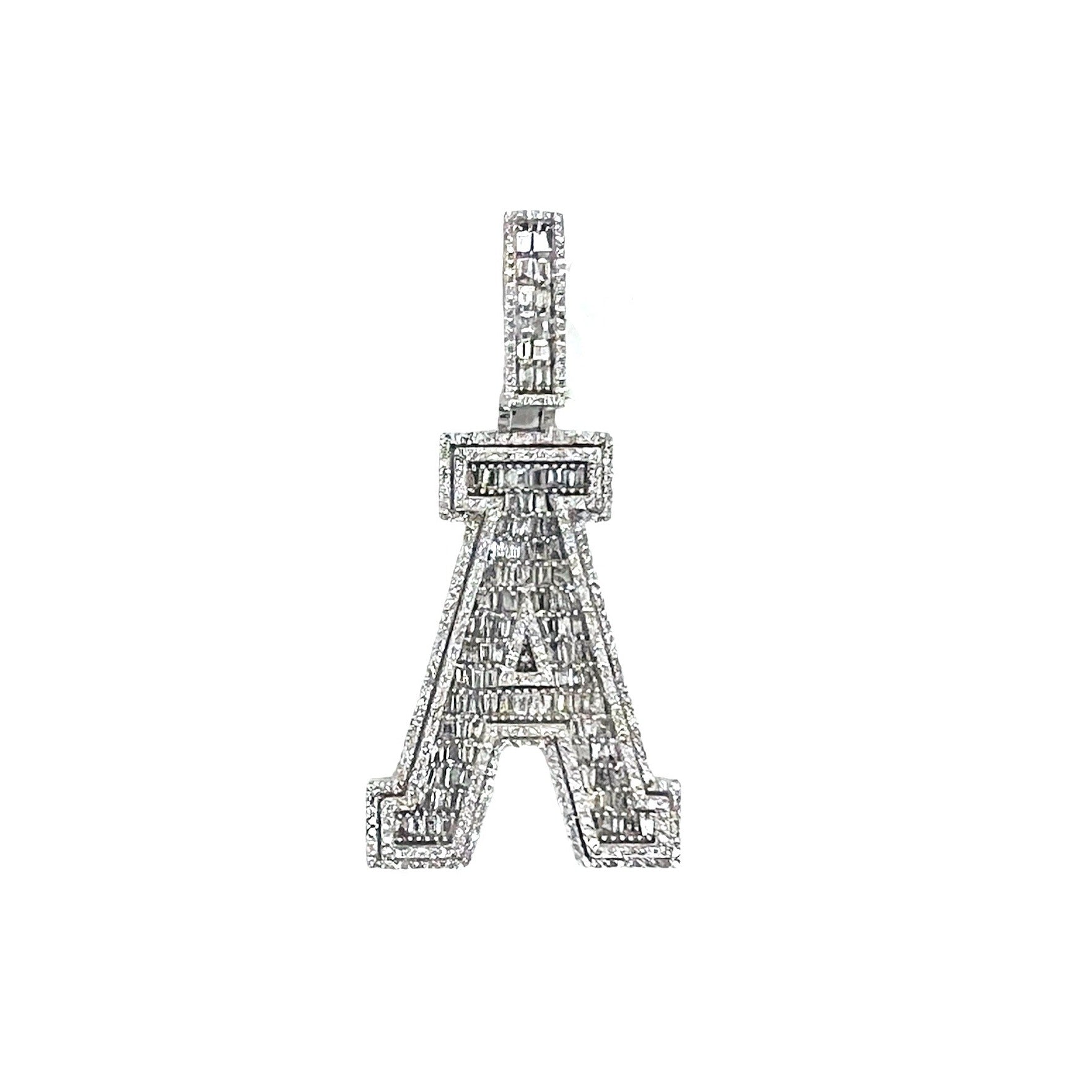 10K White Gold 3D Letter A Initial Baguette Diamond Pendant 1.49 CT 1.75"