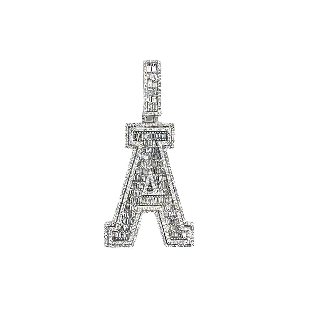 10K White Gold 3D Letter A Initial Baguette Diamond Pendant 1.49 CT 1.75