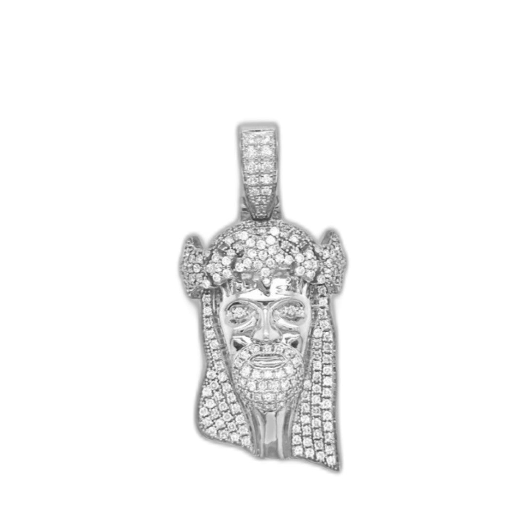 10K White Gold Jesus Head Diamond Pendant 1.16 CT 1.70"