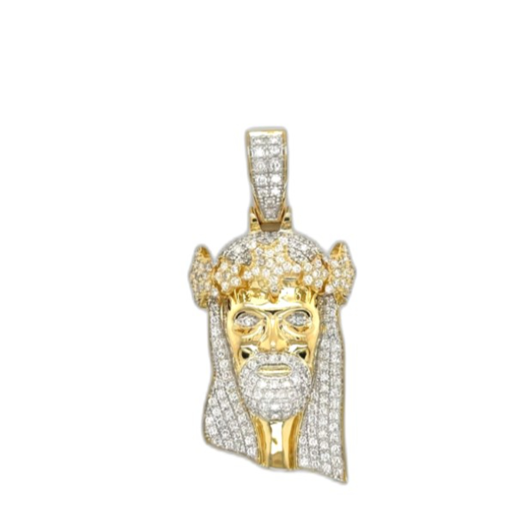 10K Yellow Gold Jesus Head Diamond Pendant 1.22 CT 1.70"