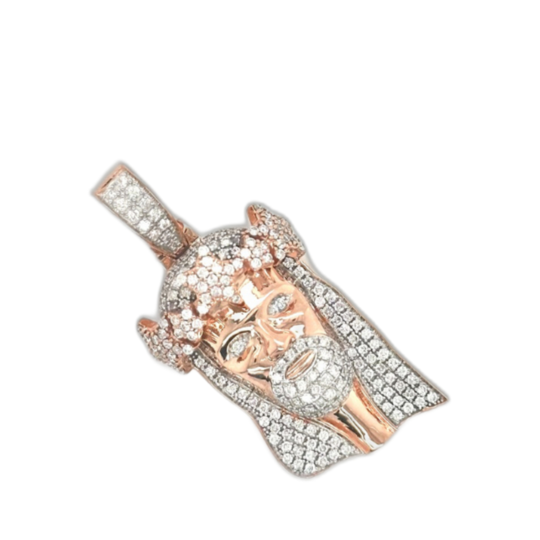 10K Rose Gold Jesus Head Diamond Pendant 1.46 CT 1.70"
