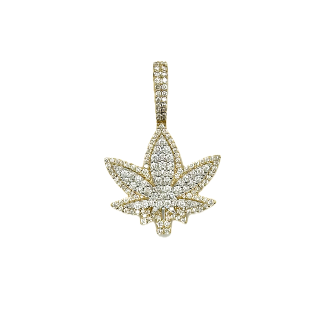 10K Yellow Gold Marijuana Leaf Diamond Pendant 1.59 CT 1.5"