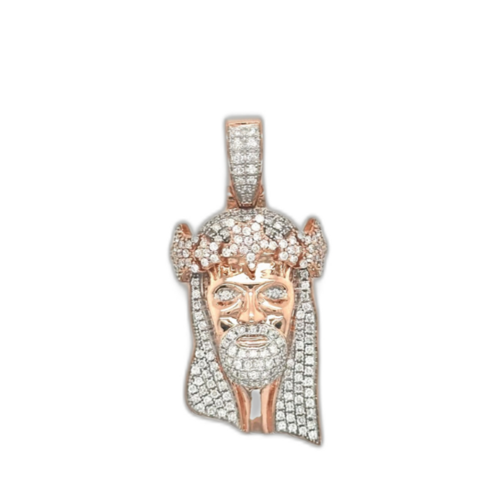 10K Rose Gold Jesus Head Diamond Pendant 1.46 CT 1.70"