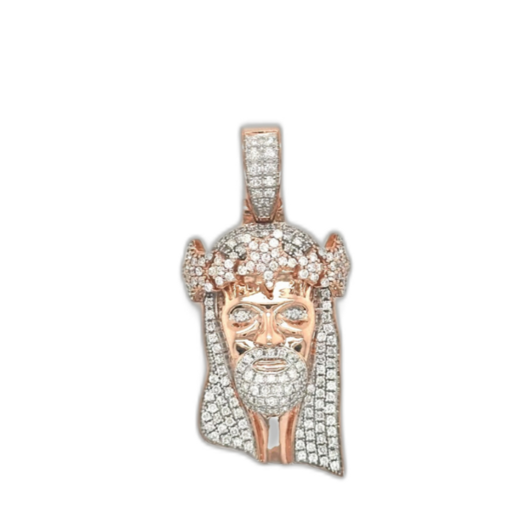 10K Rose Gold Jesus Head Diamond Pendant 1.46 CT 1.70