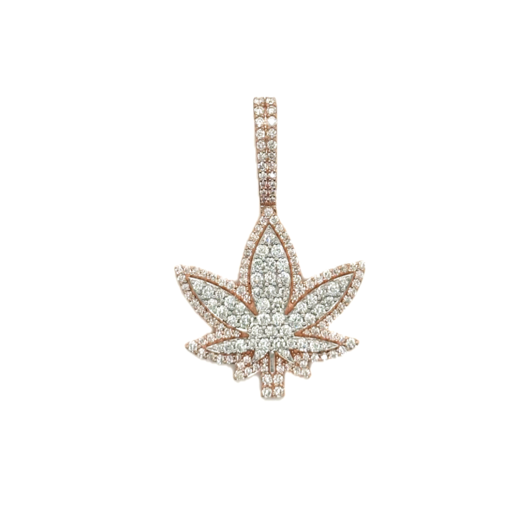 10K Rose Gold Marijuana Leaf Diamond Pendant 1.87 CT 1.5"
