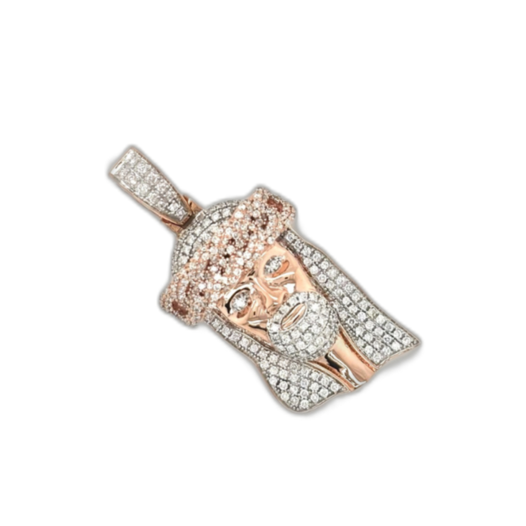 10K Rose Gold Jesus Head Diamond Pendant 1.36 CT 1.71"