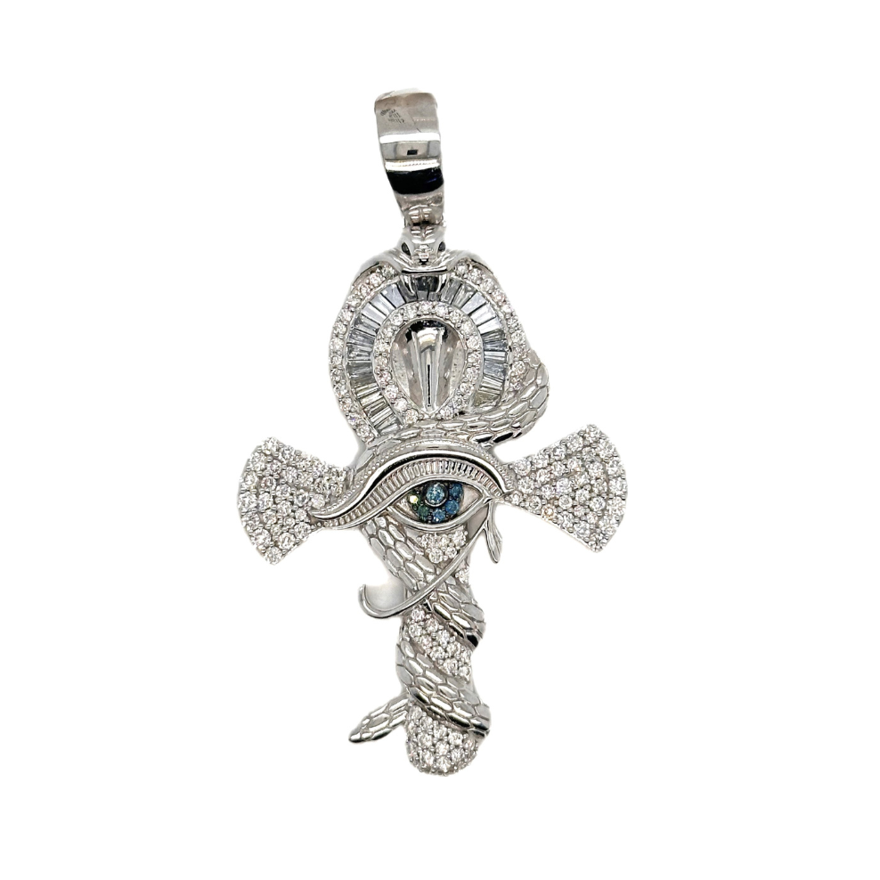 10K White Gold Snake and Eye of Horus Ankh Diamond Cross Pendant 1.93 CT 2.25"
