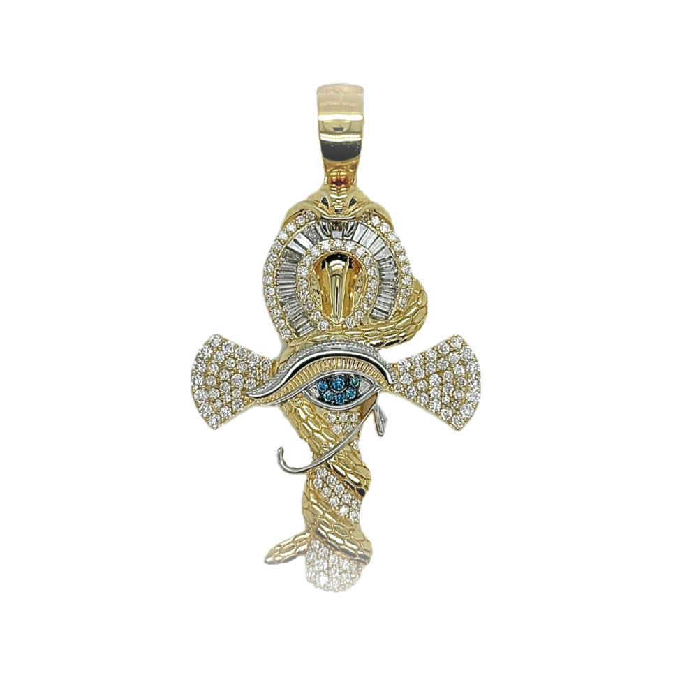 10K Yellow Gold Snake and Eye of Horus Ankh Diamond Cross Pendant 1.81 CT 2.25"