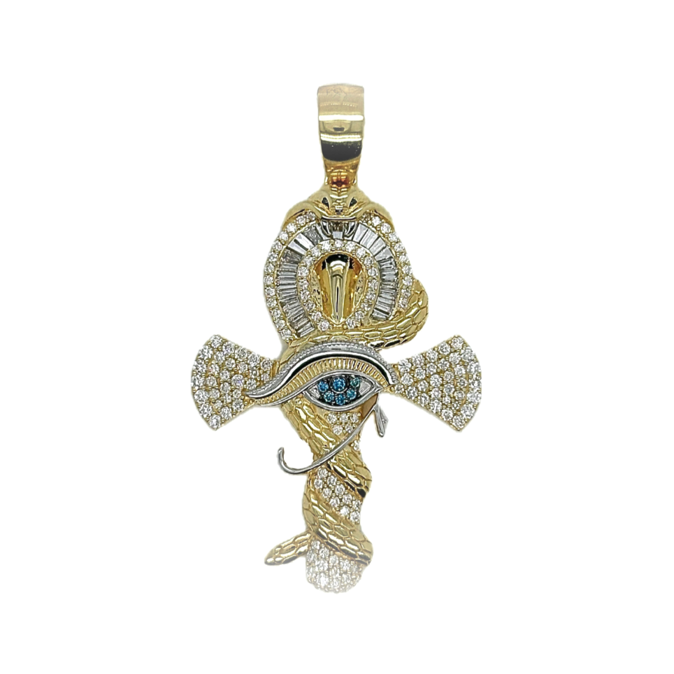 10K Yellow Gold Snake and Eye of Horus Ankh Diamond Cross Pendant 1.81 CT 2.25