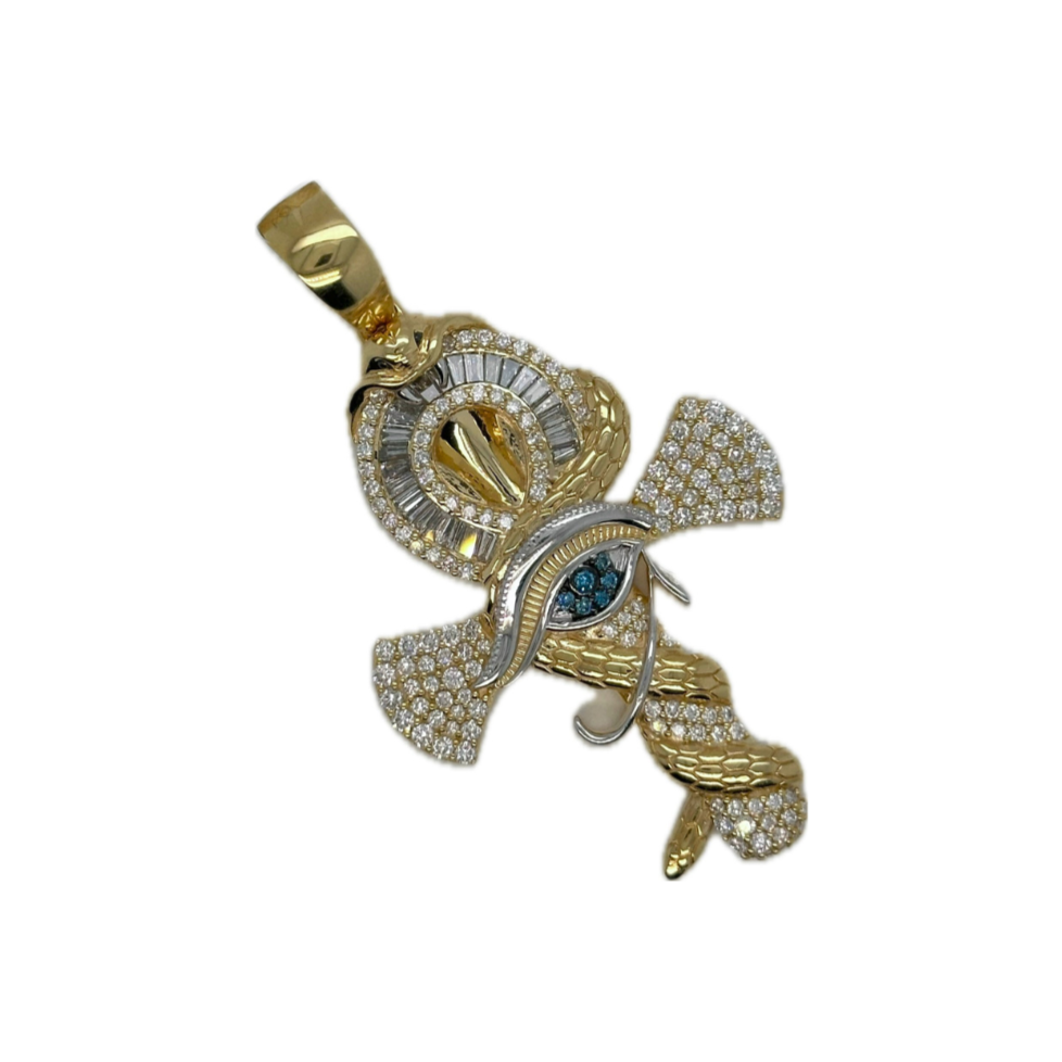 10K Yellow Gold Snake and Eye of Horus Ankh Diamond Cross Pendant 1.81 CT 2.25"
