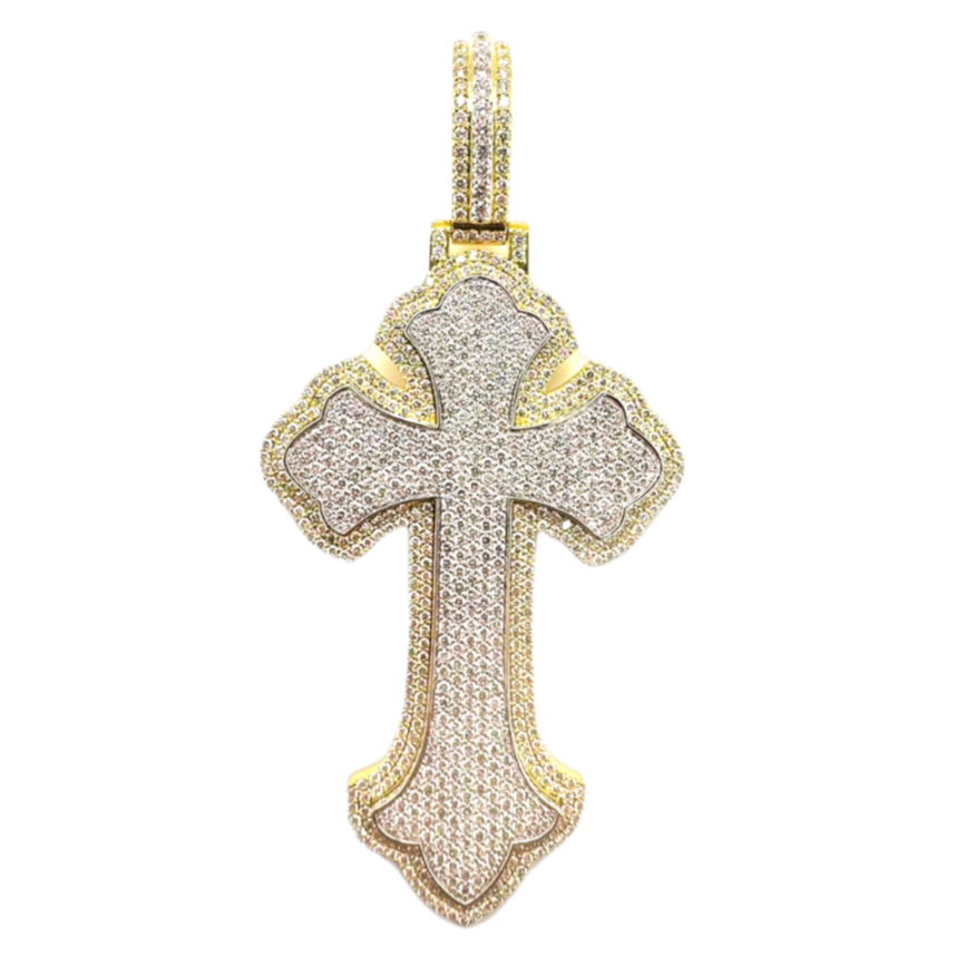 10K Two-Tone Gold Gothic Diamond Cross Pendant 8.41 CT 3.92