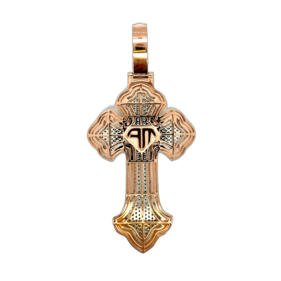 10K Two-Tone Gold Gothic Diamond Cross Pendant 8.35 CT 3.92"
