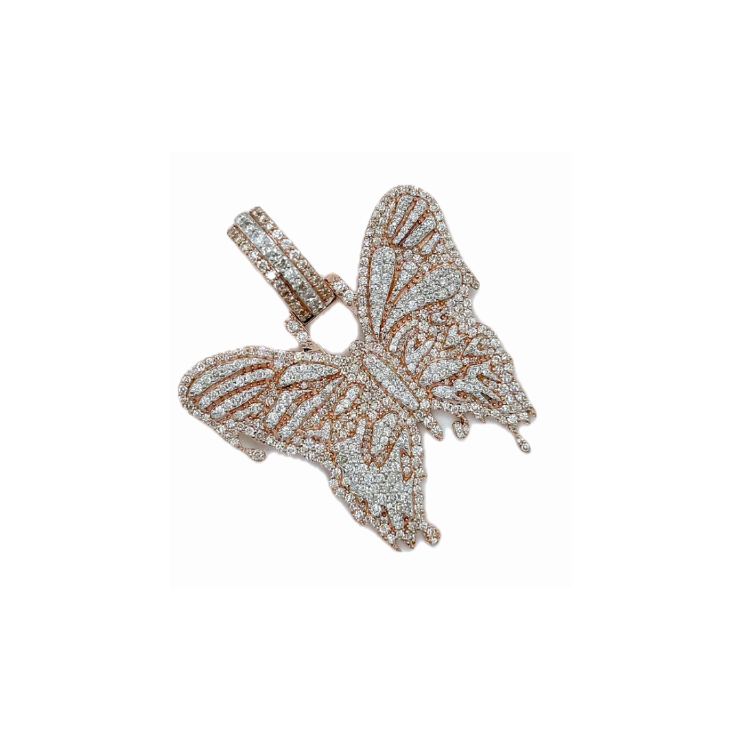 Ladies 10K Rose Gold Butterfly Diamond Pendant 2.26 CT 1.72"