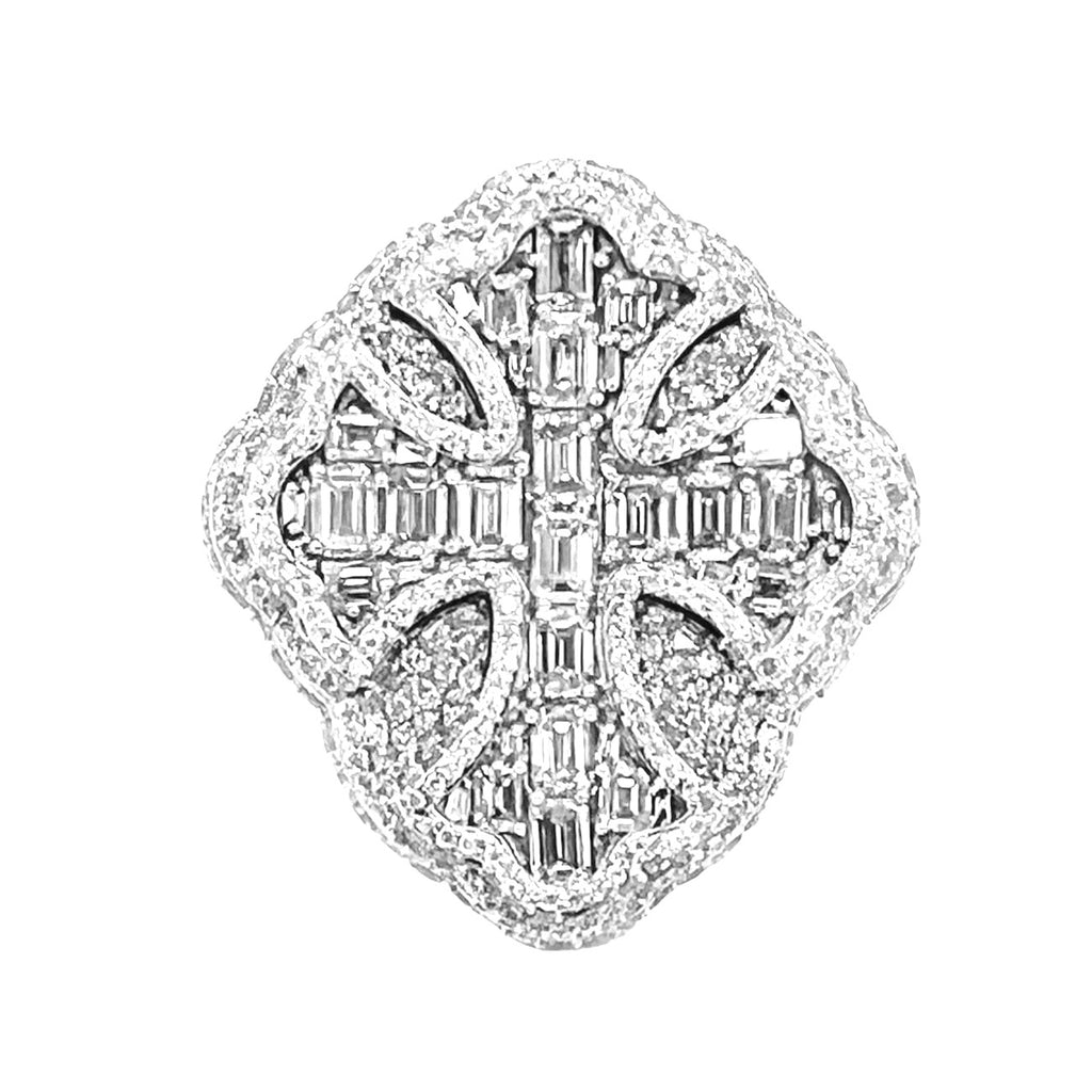 10K White Gold 29MM 3D Gothic Cross Baguette Diamond Ring 7.69 CT