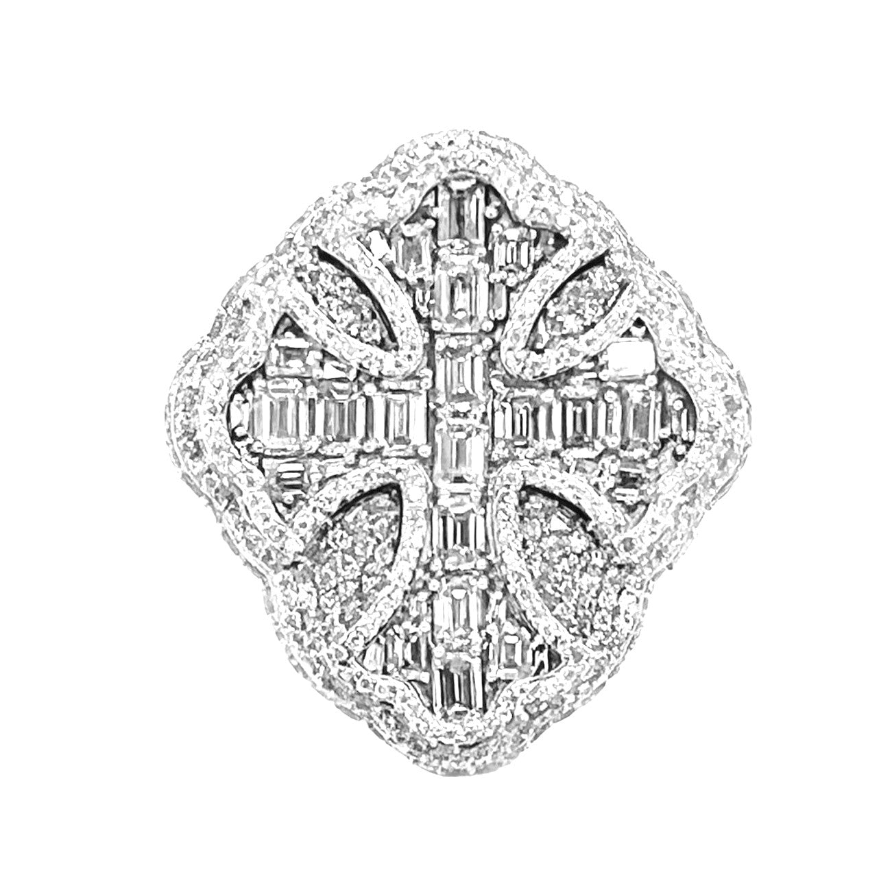10K White Gold 29MM 3D Gothic Cross Baguette Diamond Ring 7.69 CT