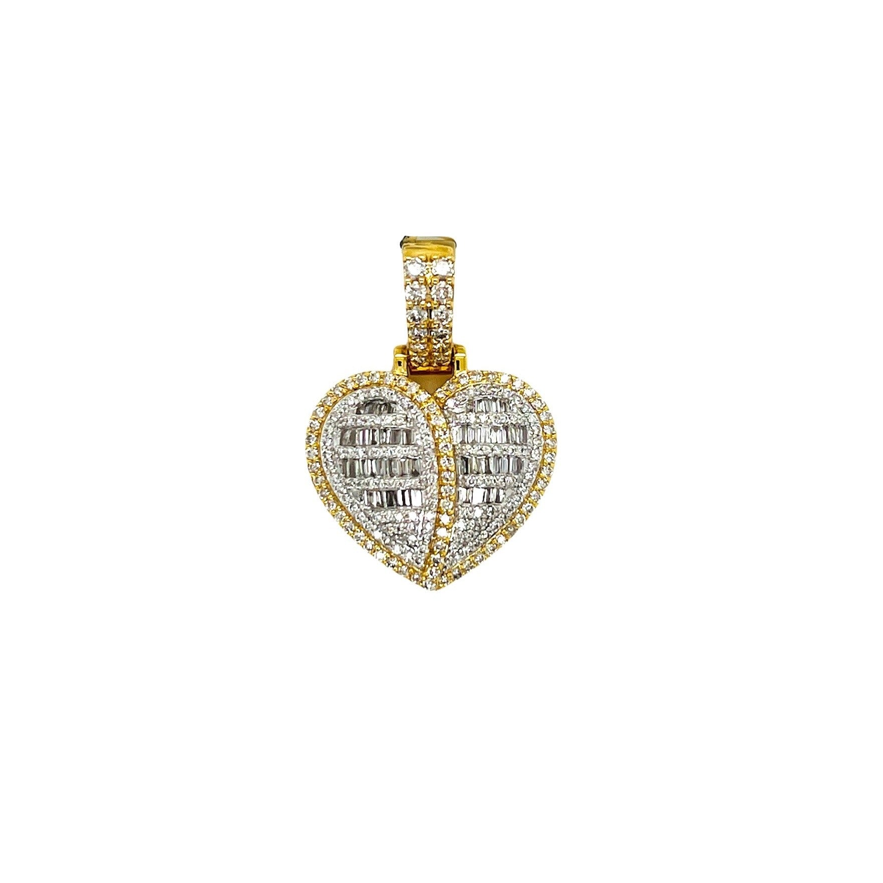 10K Yellow Gold Puffed Heart Baguette Diamond Pendant 1.31 CT 1.2"