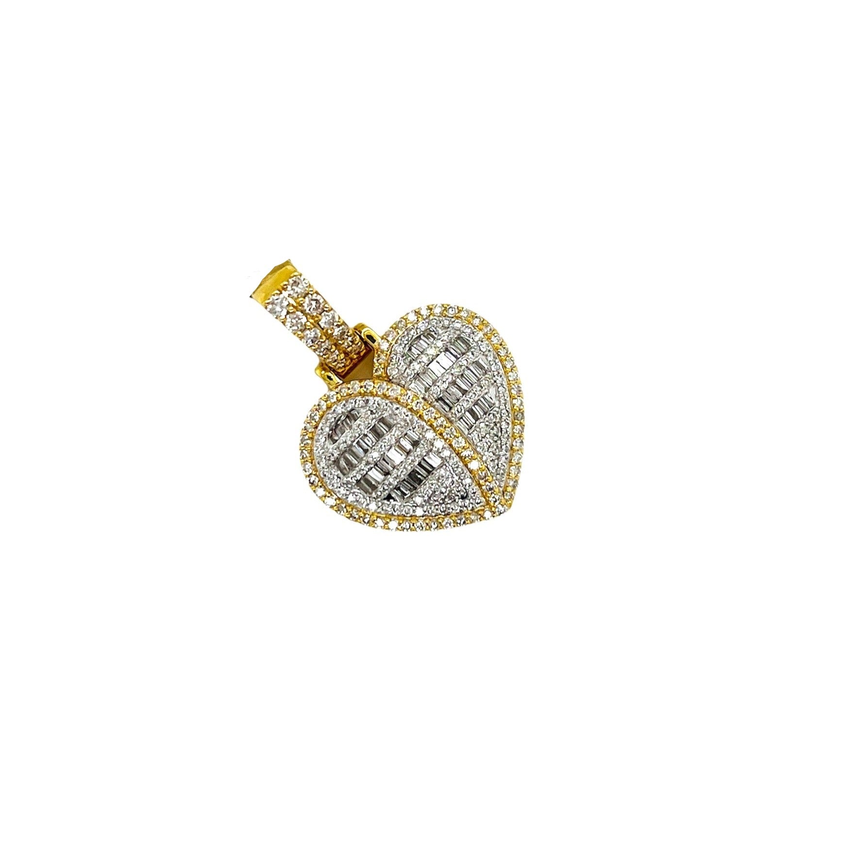 10K Yellow Gold Puffed Heart Baguette Diamond Pendant 1.31 CT 1.2"