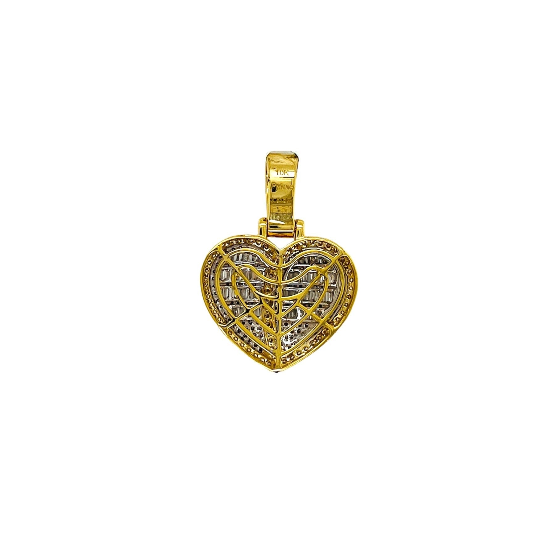 10K Yellow Gold Puffed Heart Baguette Diamond Pendant 1.31 CT 1.2"