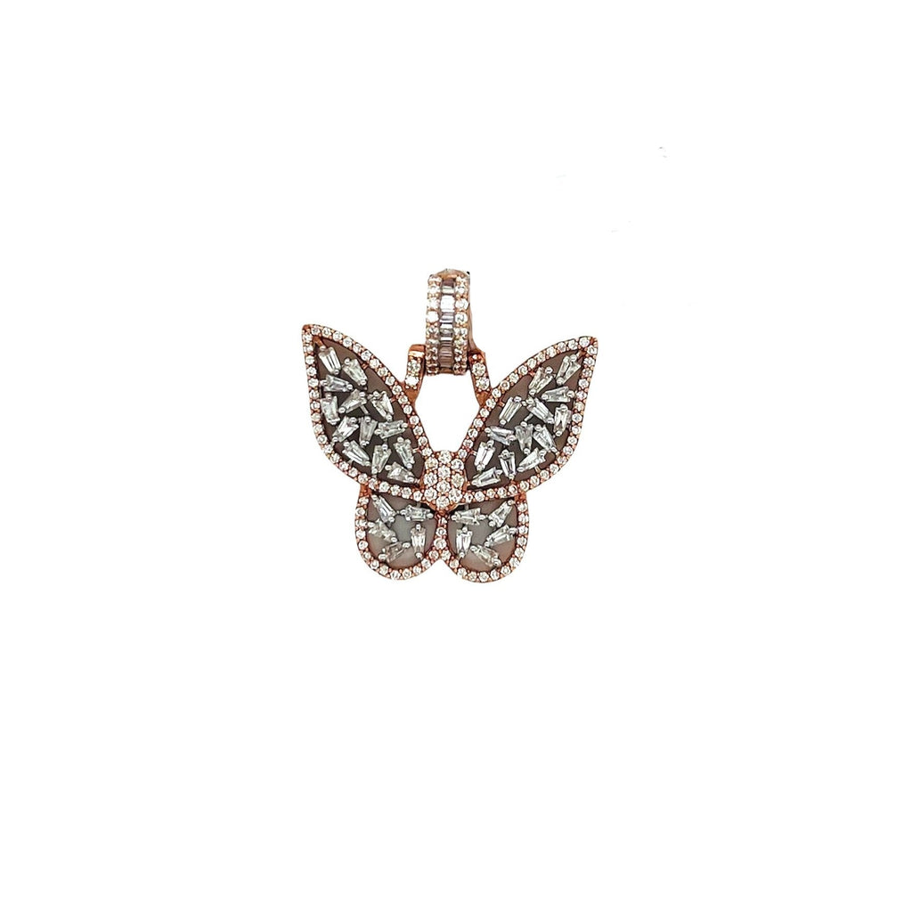 10K Rose White Gold Butterfly Baguette Diamond Pendant 1.12 CT 1"