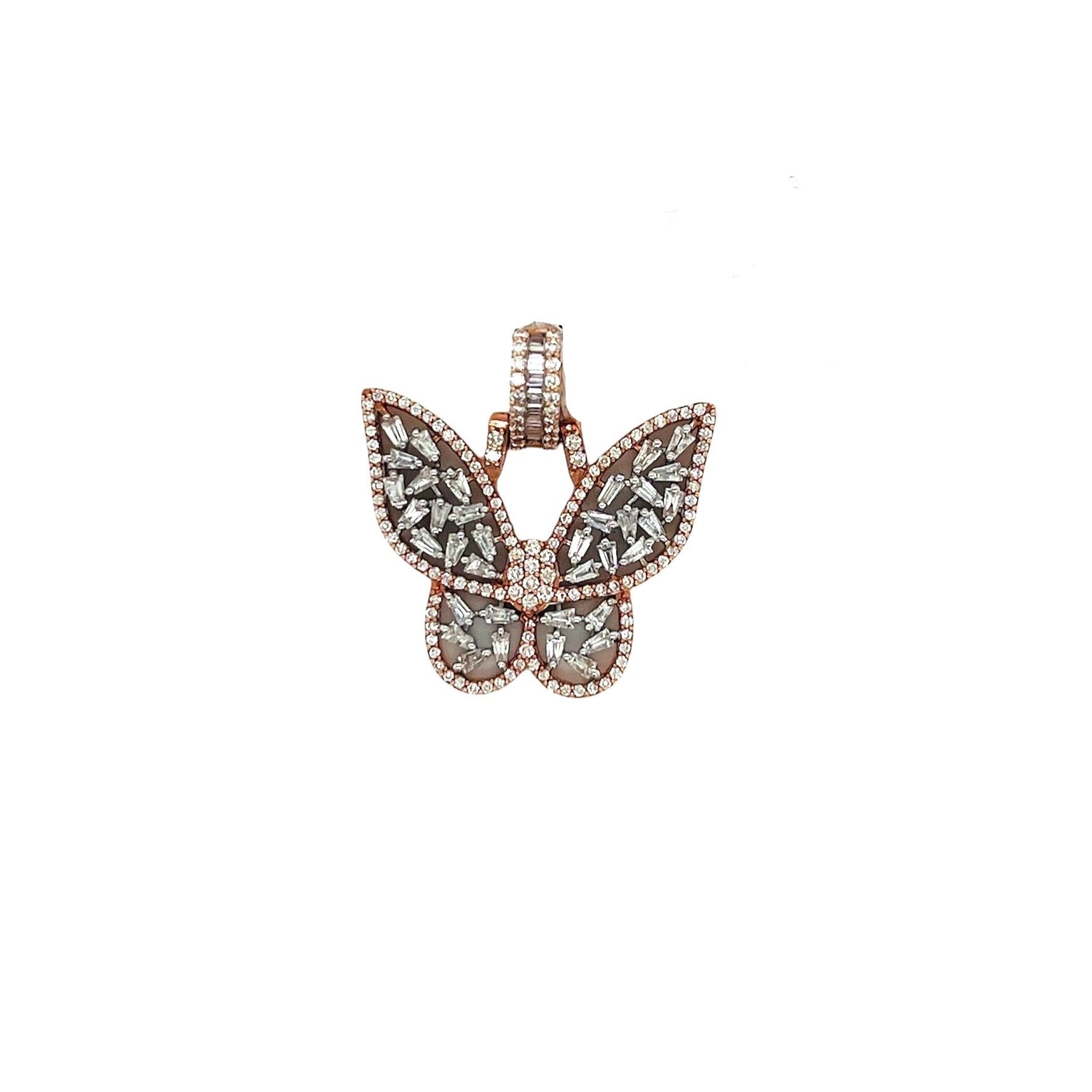 10K Rose White Gold Butterfly Baguette Diamond Pendant 1.12 CT 1"