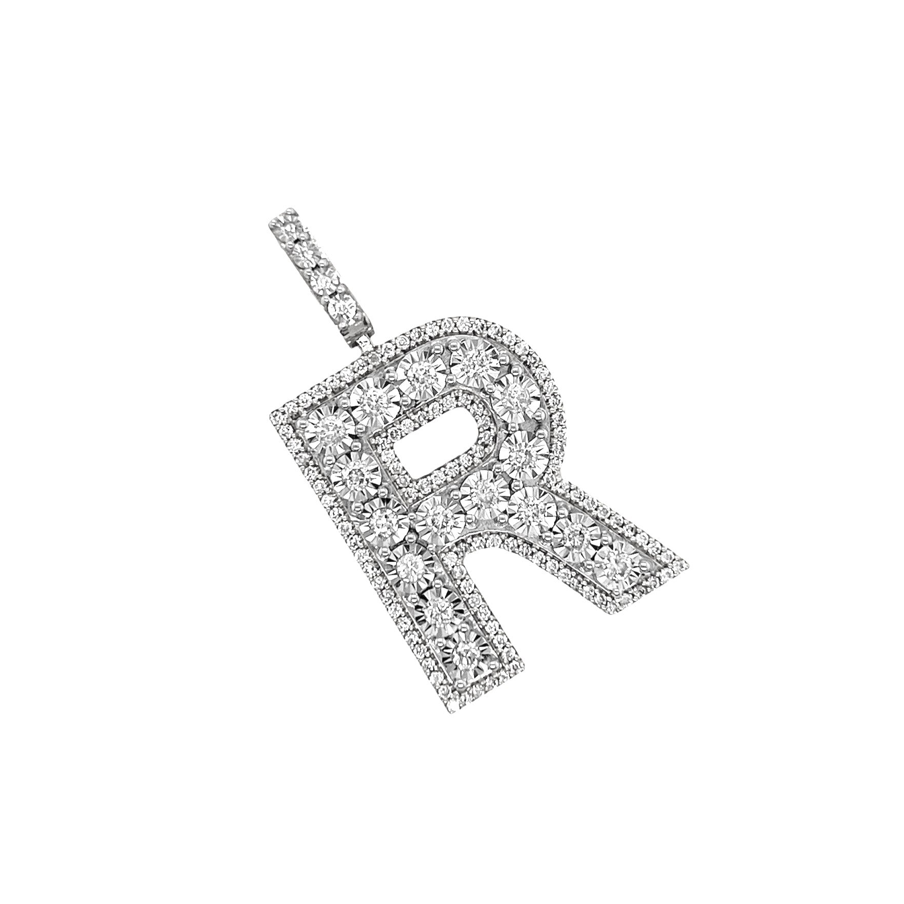 10K White Gold 3D Letter R Initial Diamond Pendant 1.50 CT 1.6"