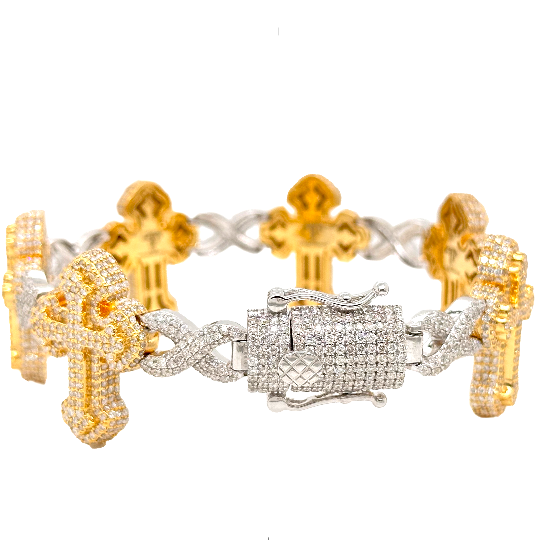 10K Yellow White Gold 26MM Infinity Cross Diamond Bracelet 12.58 CT 8.5"