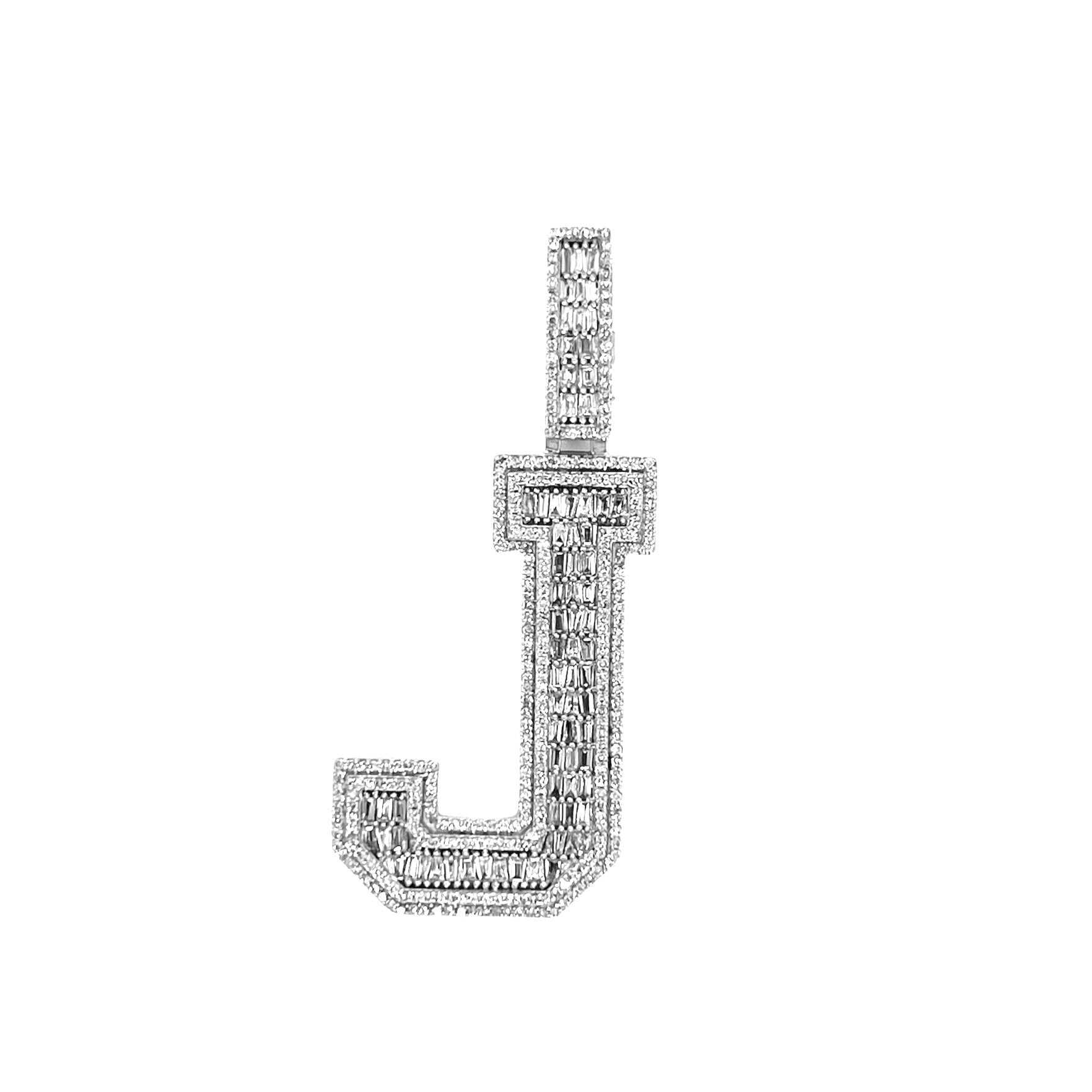 10K White Gold 3D Letter J Initial Baguette Diamond Pendant 1.16 CT 1.75"