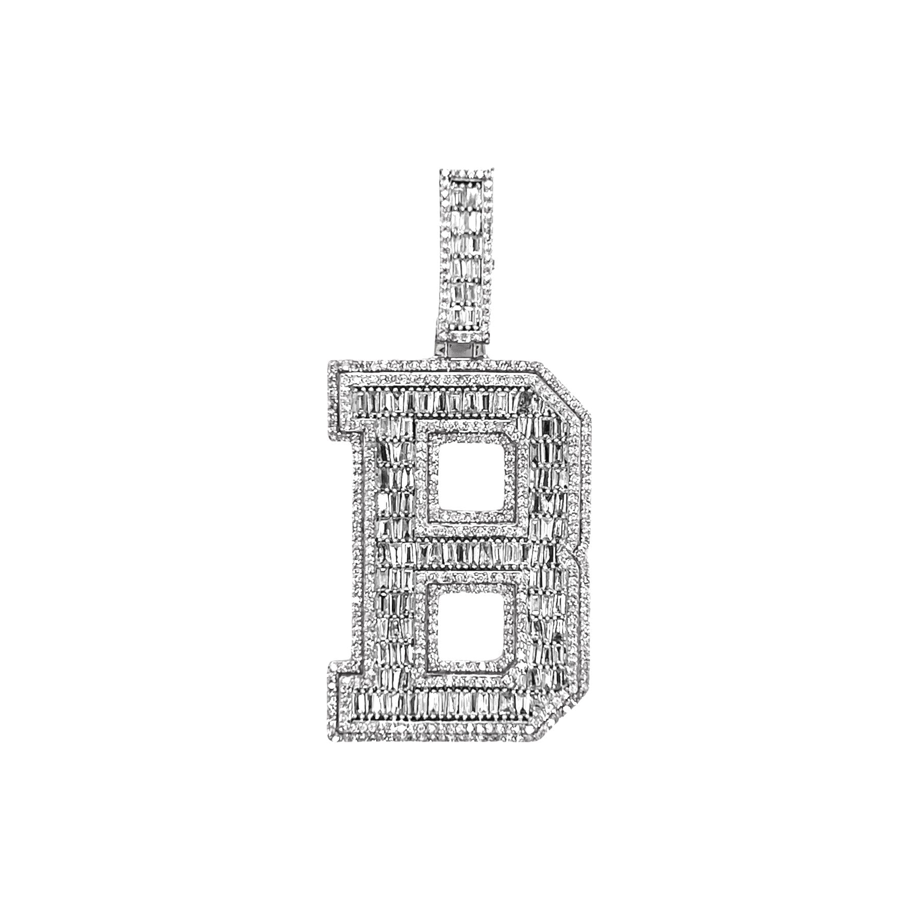 10K White Gold 3D Letter B Initial Baguette Diamond Pendant 1.75 CT 1.75"