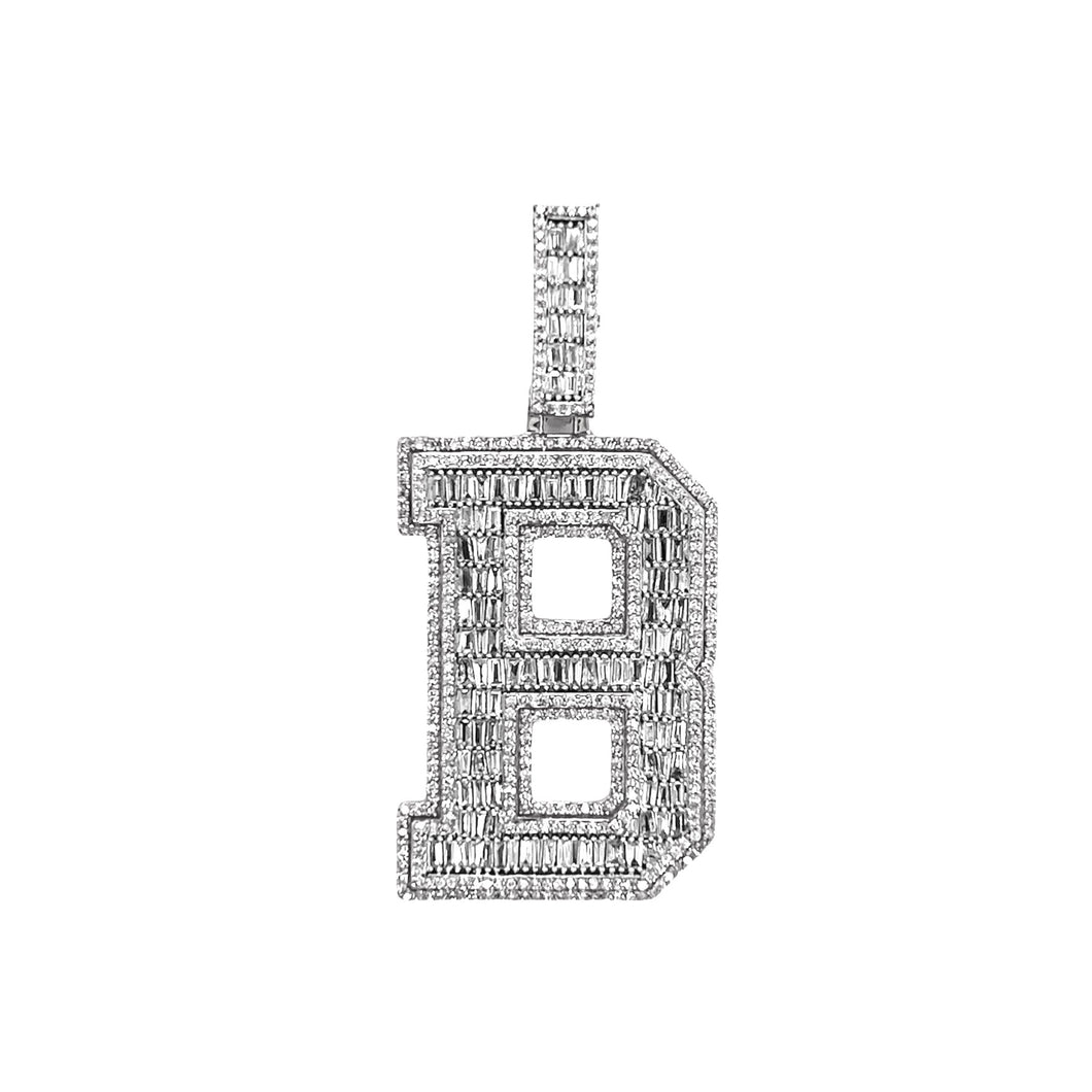 10K White Gold 3D Letter B Initial Baguette Diamond Pendant 1.75 CT 1.75