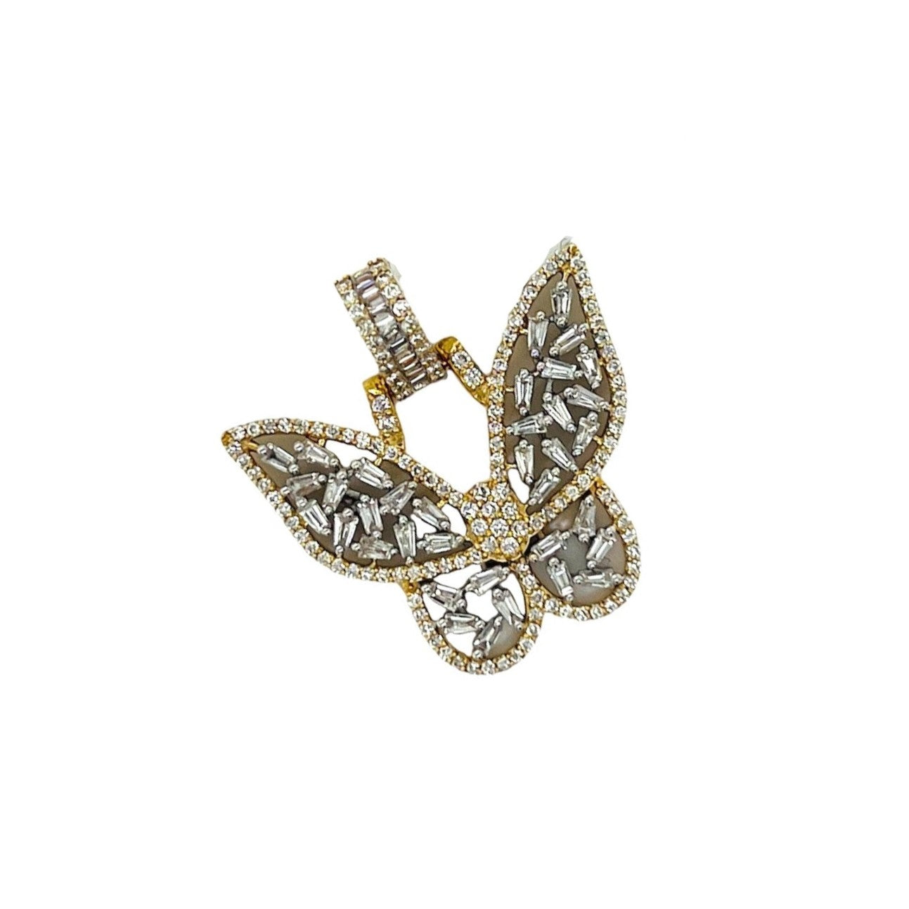 10K Yellow White Gold Butterfly Baguette Diamond Pendant 1.17 CT 1"