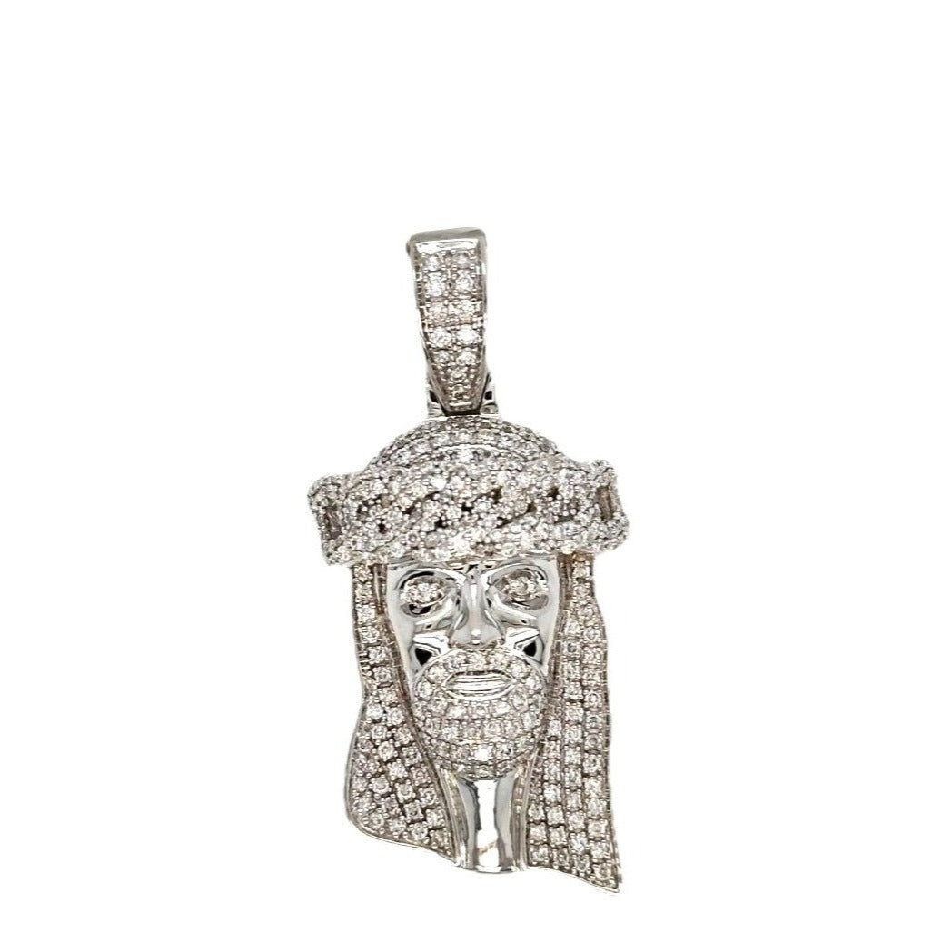 10K White Gold Jesus Head Diamond Pendant 1.35 CT 1.71"