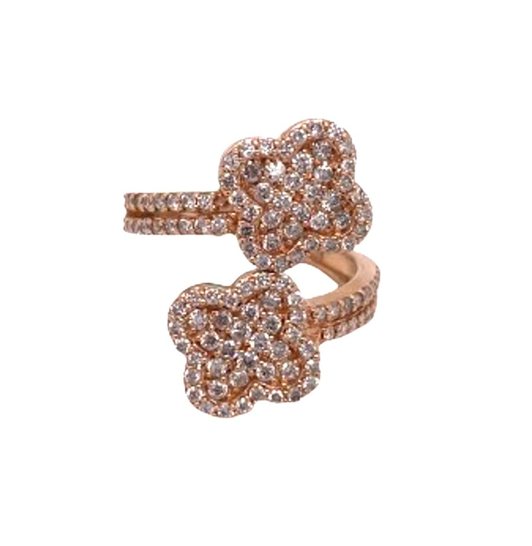 14K Rose Gold 23MM Designer Dual Clover Leaf Diamond Ring 1.25 CT