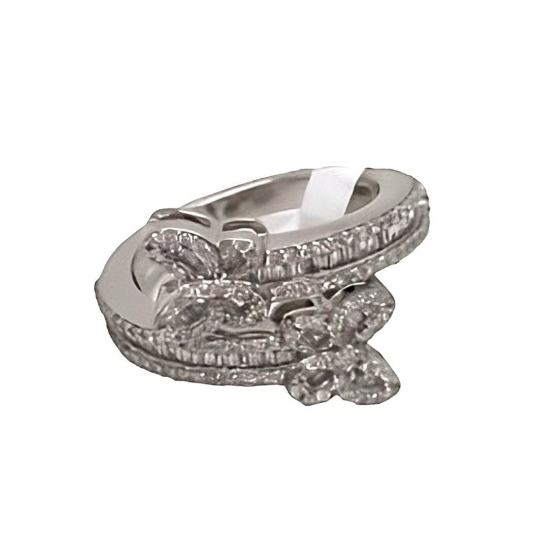 10K White Gold 15MM Designer Butterfly Baguette Diamond Ring 0.71 CT