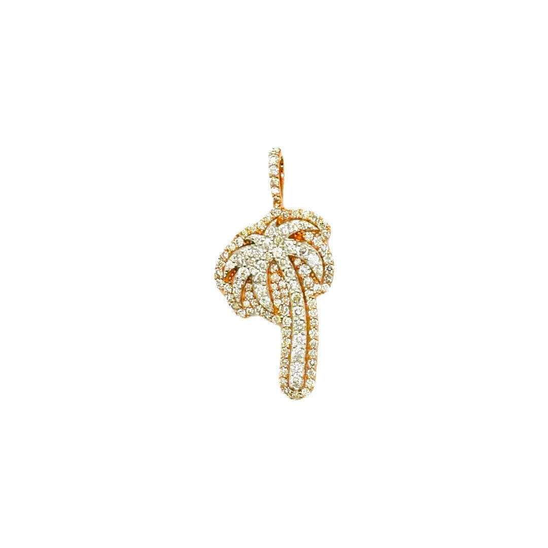 10K Two-Tone Gold Palm Tree Diamond Pendant 0.96 CT 1.26"