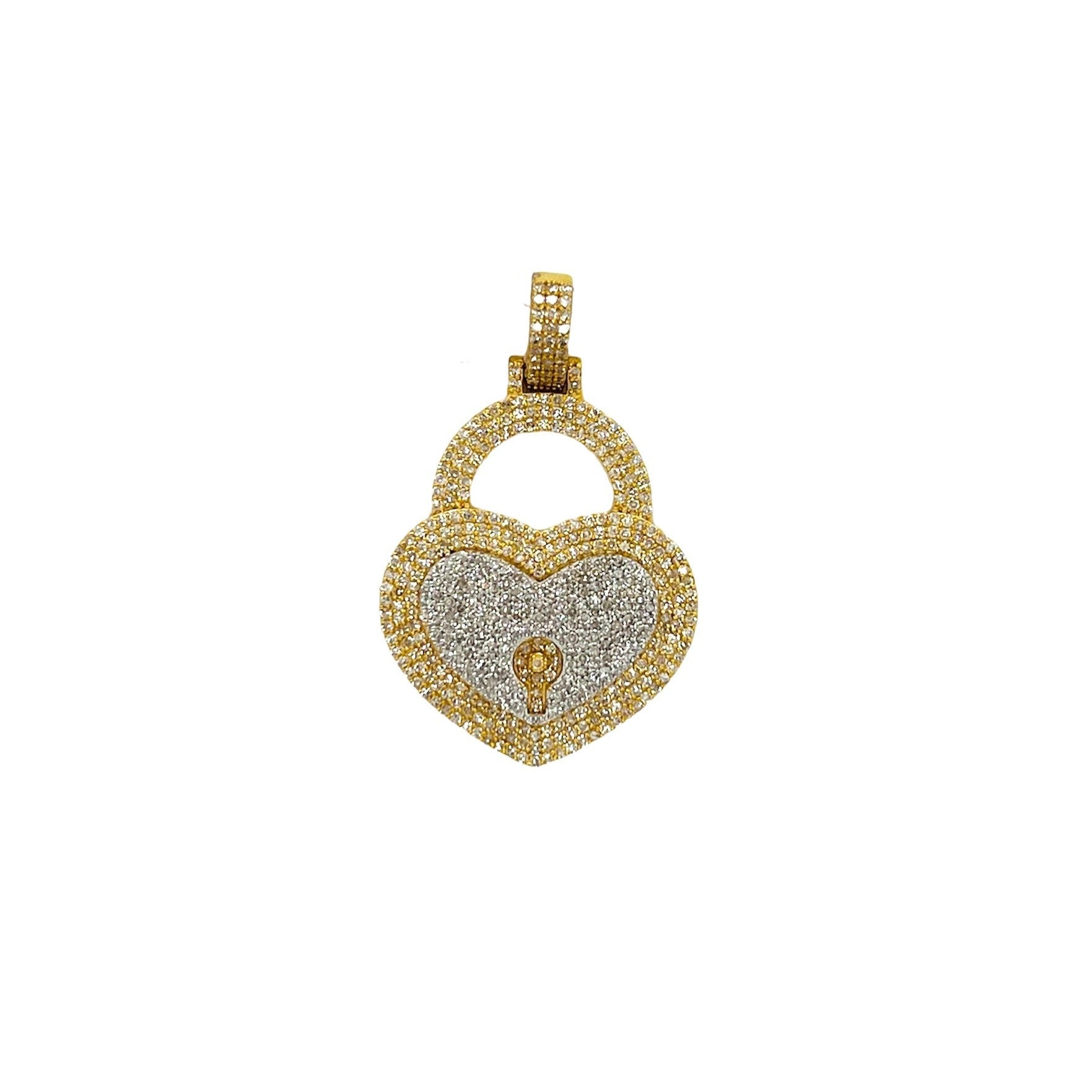 10K Yellow Gold Double Heart Lock Diamond Pendant 1.19 CT 1.35"
