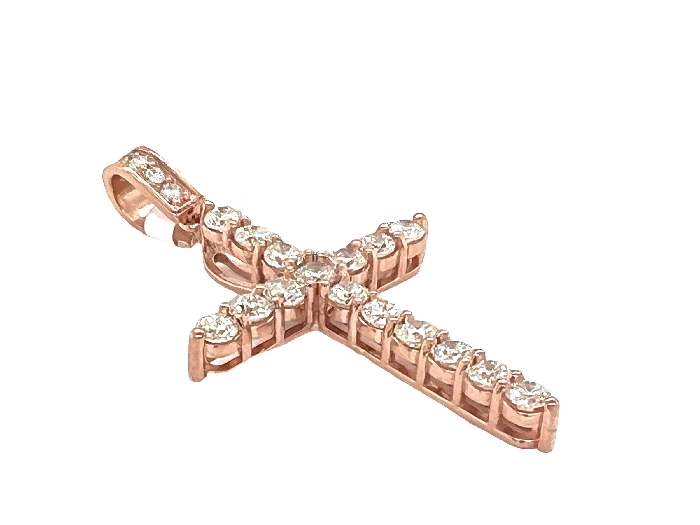 14K Rose Gold 17 Pointer Tennis Diamond Cross Pendant 3.42 CT 2.25"