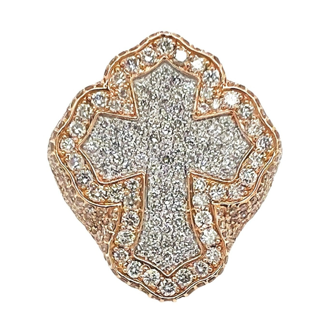 10K Rose Gold 32MM 3D Gothic Cross VS Diamond Ring 7.66 CT