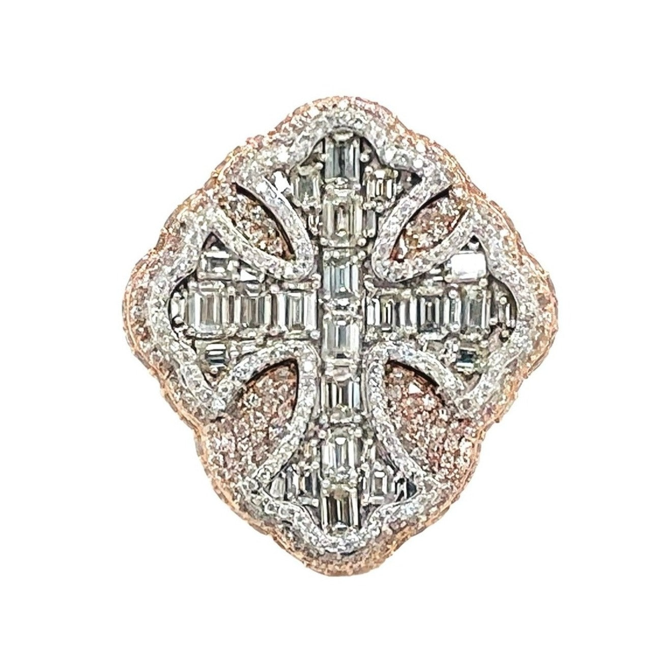10K Rose White Gold 29MM 3D Gothic Cross Baguette Diamond Ring 7.08 CT