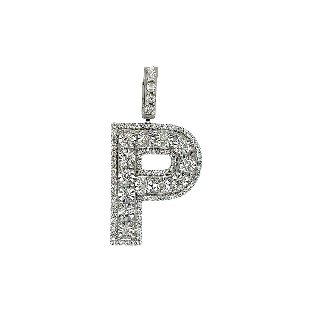 10K White Gold 3D Letter P Initial Diamond Pendant 1.07 CT 1.6"