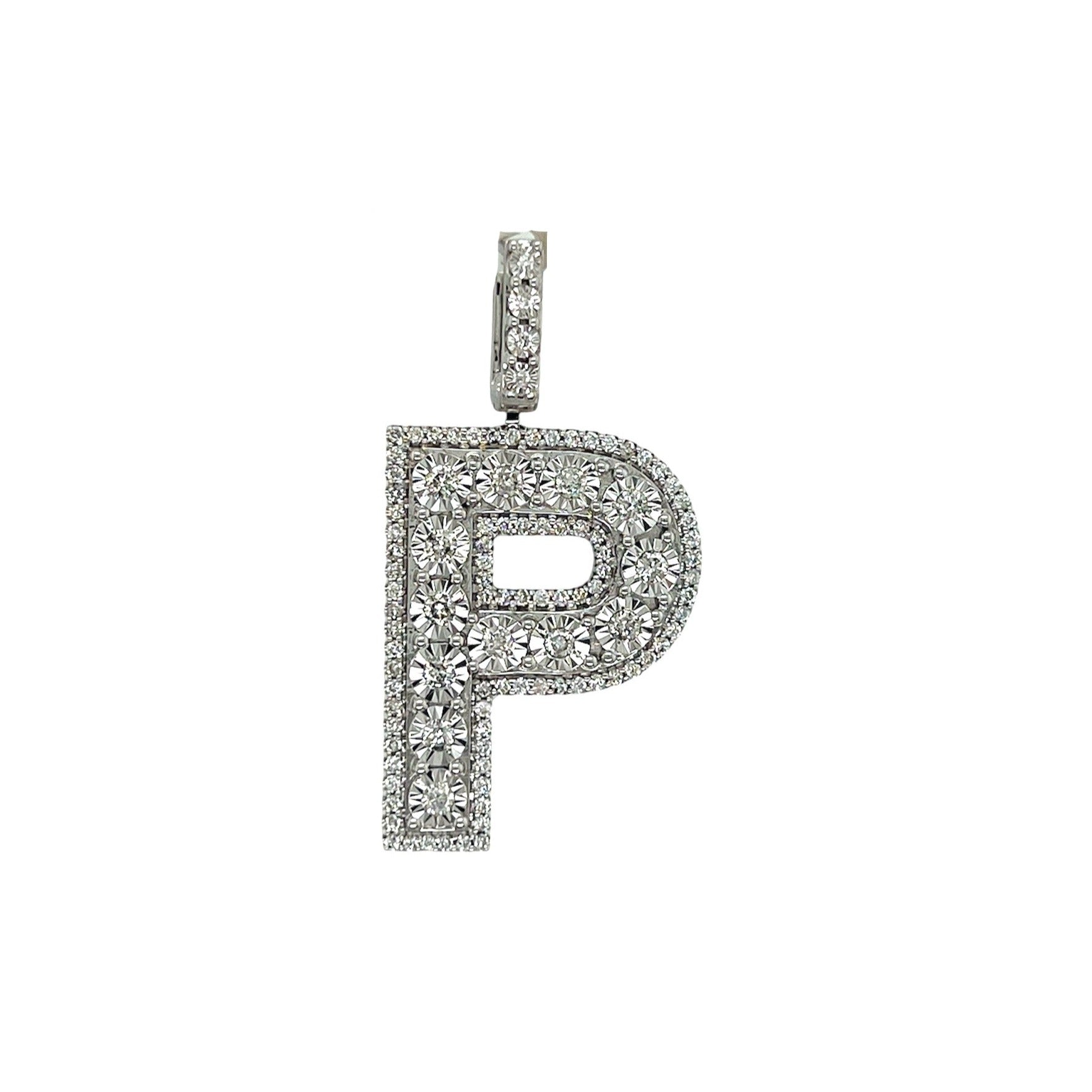 10K White Gold 3D Letter P Initial Diamond Pendant 1.07 CT 1.6"