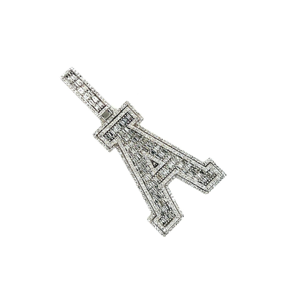 10K White Gold 3D Letter A Initial Baguette Diamond Pendant 1.49 CT 1.75"