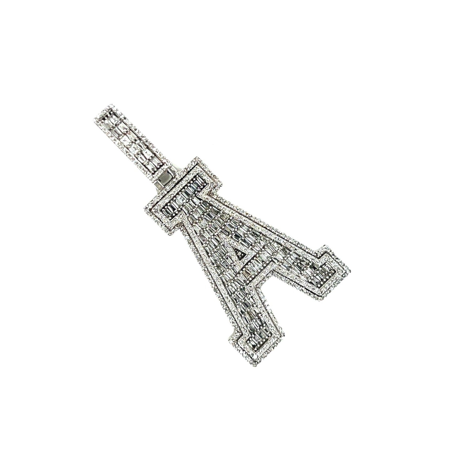 10K White Gold 3D Letter A Initial Baguette Diamond Pendant 1.49 CT 1.75"
